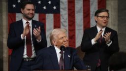 WASHINGTON, DC - MARCH 04: U.S. President Donald Trump addresses a t session of Congress at the U.S. Capitol on March 04, 2025 in Washington, DC. Vice President JD Vance and Speaker of the House Mike Johnson (R-LA) applaud behind him. President Trump was expected to address Congress on his early achievements of his presidency and his  legislative agenda. (Photo by Win McNamee/Getty Images)