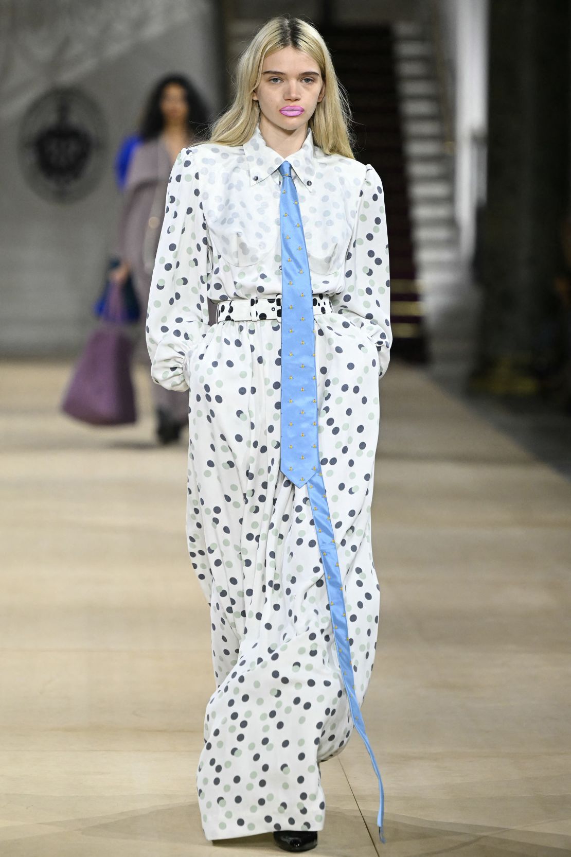 The collection, which featured loud polka dot and tartan prints along with clashing ties, was an homage to London.