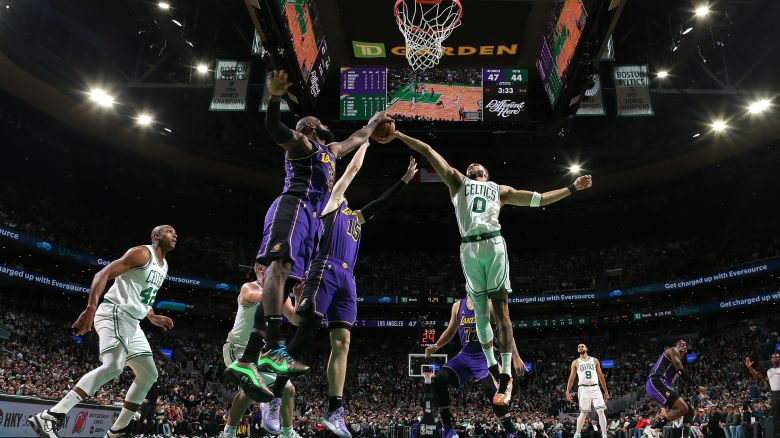 Jayson Tatum #0 of the Boston Celtics rebounds during the game against the Los Angeles Lakers on March 8, 2025 at TD Garden in Boston, Massachusetts.