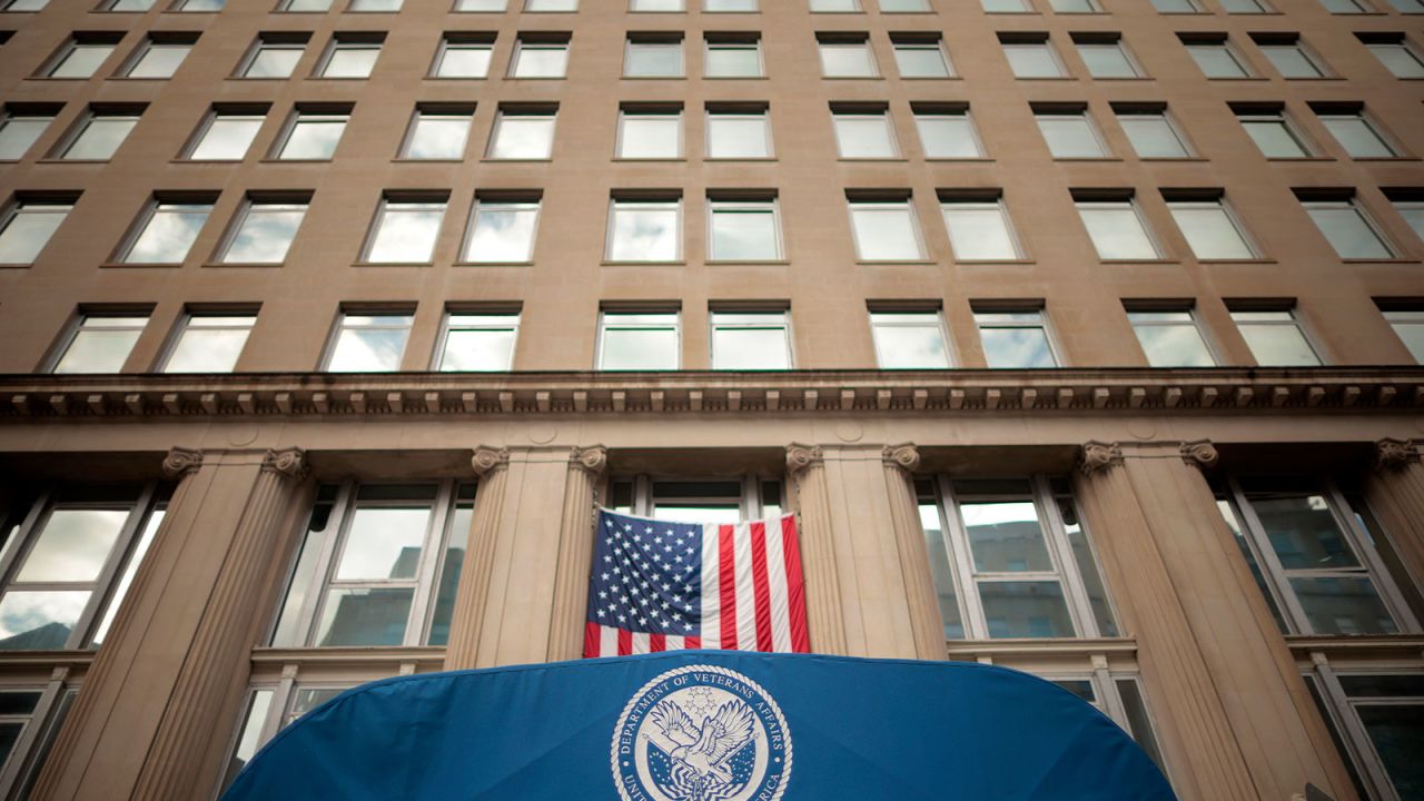 An awning with the Department of Veterans Affairs' seal marks the entrance to the department's headquarters a block from the White House on March 06.