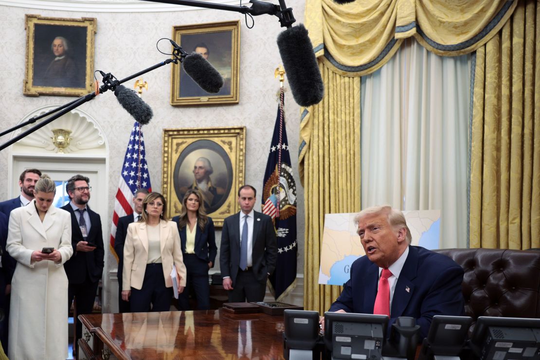 President Donald Trump speaks after signing executive orders in the Oval Office on March 6, 2025.