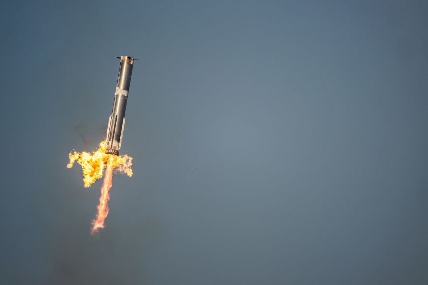 The Starship Flight 8 booster returns the launchpad at SpaceX's South Texas facilities on March 6.