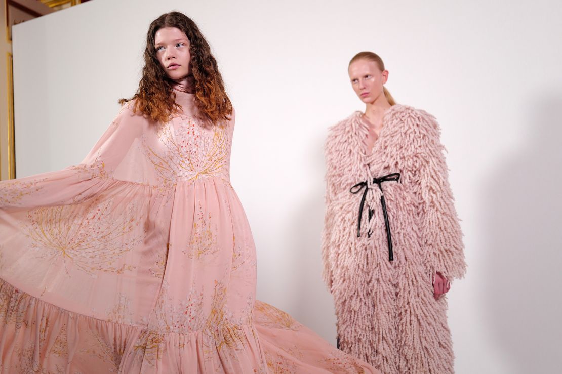 Spectacular gowns in soft colors, such as light pinks (pictured), yellow, orange and baby blue, featured in Giambattista Valli's couture show.