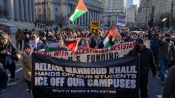 Manifestantes se reúnen para exigir la liberación de Mahmoud Khalil en Foley Square el 10 de marzo de 2025 en la ciudad de Nueva York.