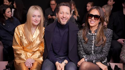 Dakota Fanning, Derek Blasberg, Jessica Alba at the Chanel Fall RTW 2025 fashion show as part of Paris Fashion Week on March 11, 2025 in Paris, France. (Photo by Swan Gallet/WWD via Getty Images)