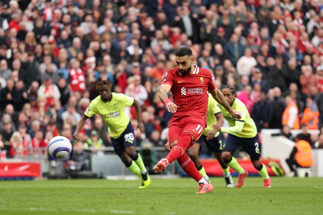 Mohamed Salah scores Liverpool's third goal from the penalty spot against Southampton.