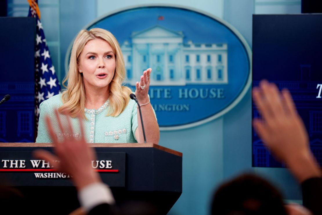 White House press secretary Karoline Leavitt takes a question from a reporter during the daily press briefing at the White House on March 11, 2025, in Washington, DC.