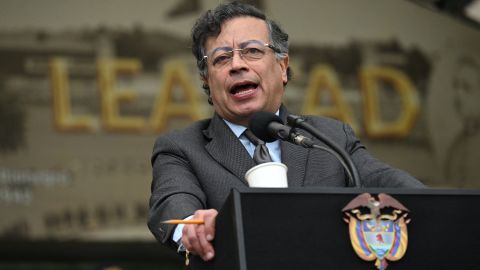 Colombia's President Gustavo Petro delivers a speech in front of Colombia's new Minister of Defense, General Pedro Sanchez (out of frame), during a troop recognition ceremony at the Jose Maria Cordova Military Cadet School in Bogota on March 11, 2025. (Photo by RAUL ARBOLEDA / AFP) (Photo by RAUL ARBOLEDA/AFP via Getty Images)          