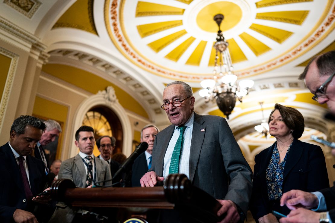 Senate Minority Leader Chuck Schumer, a Democrat from New York, speaks during a news conference following the weekly Senate Democrat policy luncheon at the US Capitol in Washington, DC, US, on Tuesday, March 11, 2025. The House is scheduled to vote on a six-month spending bill that would make sure the whole government doesn't shut down, interrupting the fast start of President Donald Trump's second watch.