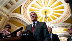 Senator Bill Cassidy, a Republican from Louisiana, speaks during a news conference following the Senate Republican policy luncheon at the US Capitol in Washington, DC, US, on Tuesday, March 11, 2025. The House is scheduled to vote on a six-month spending bill that would make sure the whole government doesn't shut down, interrupting the fast start of President Donald Trump's second watch. Photographer: Al Drago/Bloomberg via Getty Images