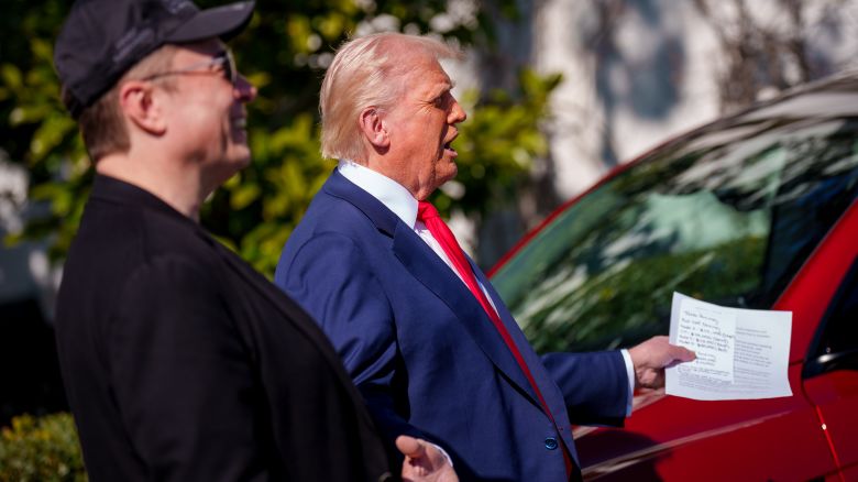 WASHINGTON, DC - MARCH 11: U.S. President Donald Trump, accompanied by White House Senior Advisor, Tesla and SpaceX CEO Elon Musk (L), speaks alongside a Tesla Model Y on the South Lawn of the White House on March 11, 2025 in Washington, DC. Trump spoke out against calls for a boycott of Elon Musk's companies and said he would purchase a Tesla vehicle in what he calls a 'show of confidence and ' for Elon Musk. (Photo by Andrew Harnik/Getty Images)