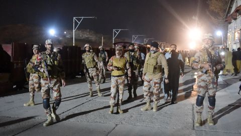 Soldiers secure Mach railway station after Pakistani security forces took part in a security operation against armed militants who ambushed the train in the remote mountainous area on Tuesday.