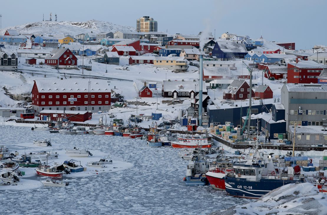 Ice covers the water in the harbor on March 08, 2025, in Ilulissat, Greenland.