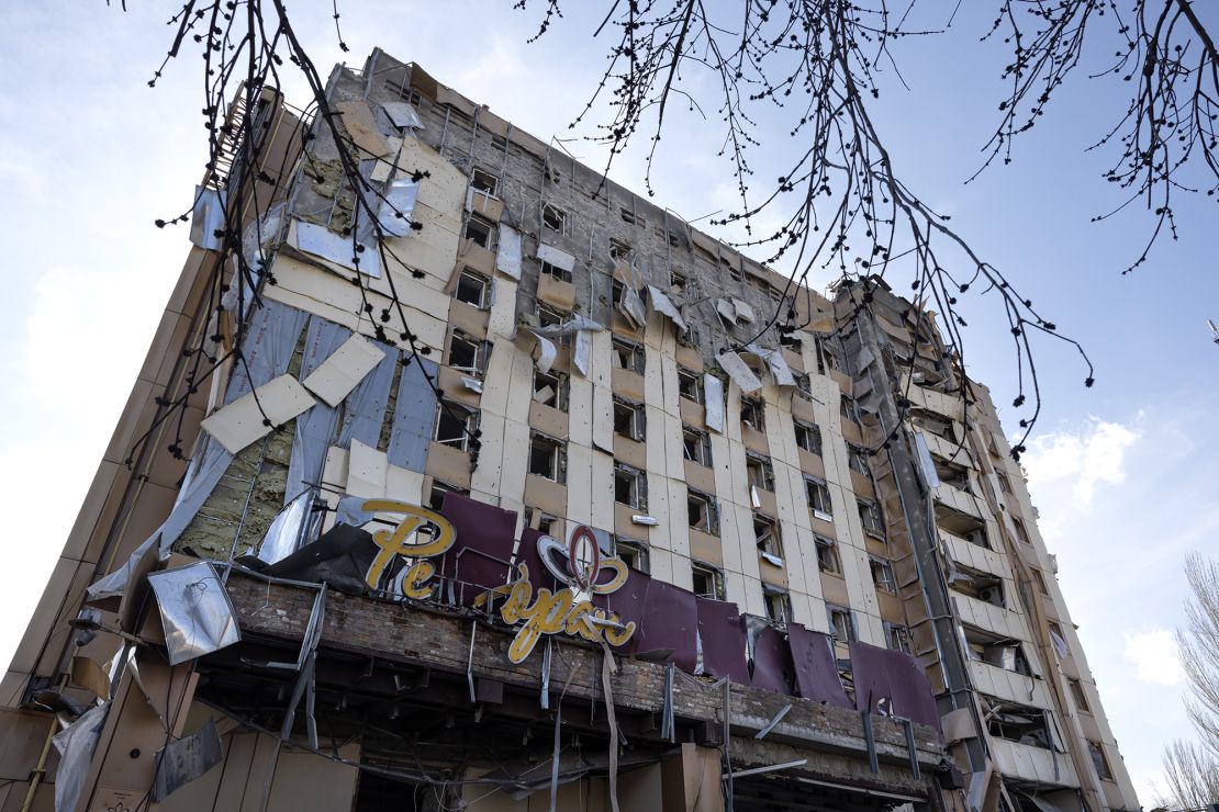 The Druzhba hotel was badly damaged after a Russian missile attack on March 12 in Kryvyi Rih, Ukraine.