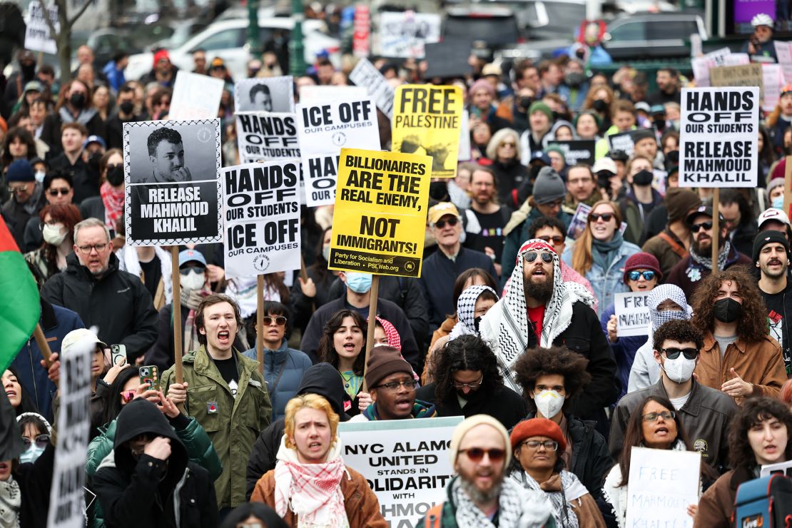 Pro-Palestinian protestors rally on March 12 in support of Mahmoud Khalil outside of a federal hearing in New York.