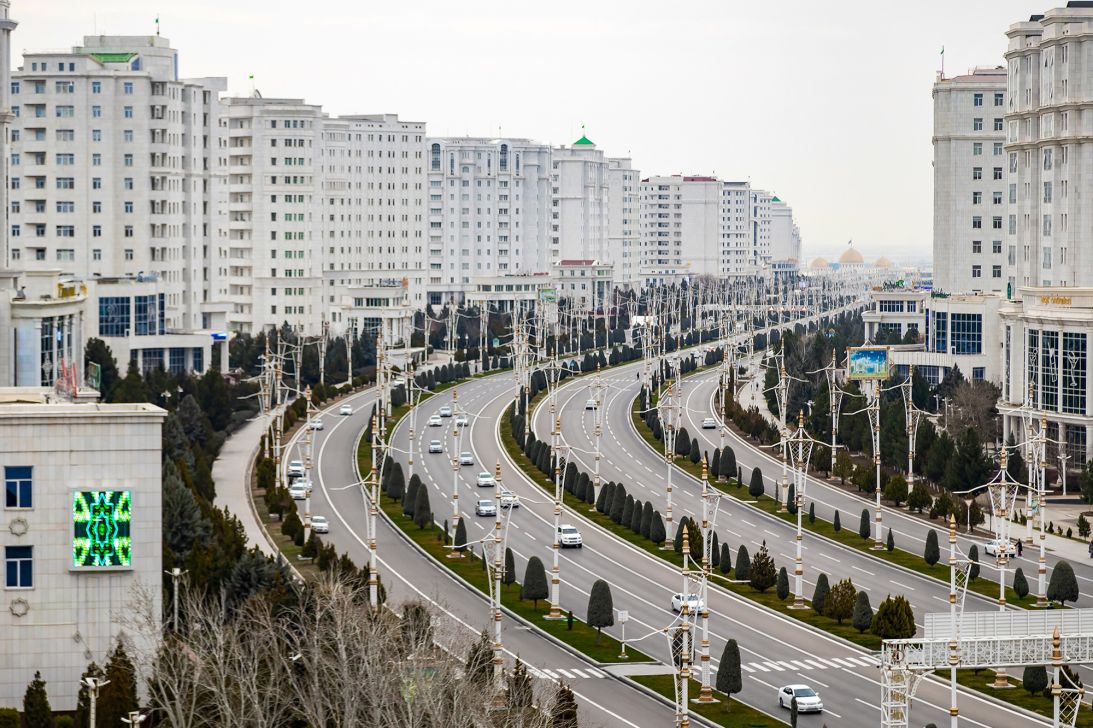 Cars move through the Turkmen capital of Ashgabat on March 10, 2025.