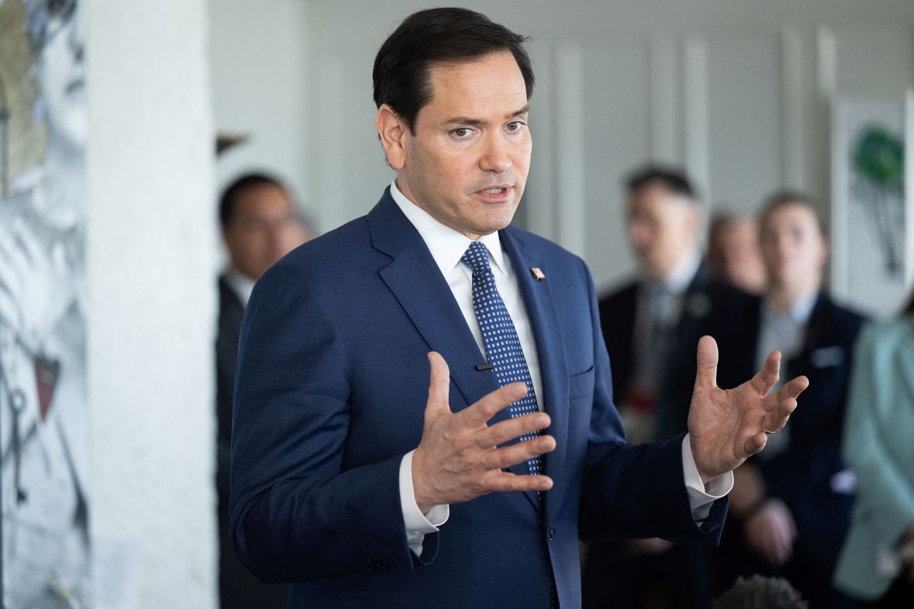 US Secretary of State Marco Rubio speaks with reporters in La Malbaie, Quebec, on Friday.