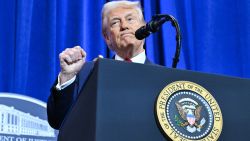 President Donald Trump speaks at the Department of Justice in Washington, DC, on Friday.