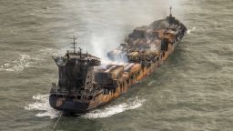 Smoke billows from the MV Solong cargo ship in the North Sea on March 11, 2025 after it collided with a tanker carrying military jet fuel.