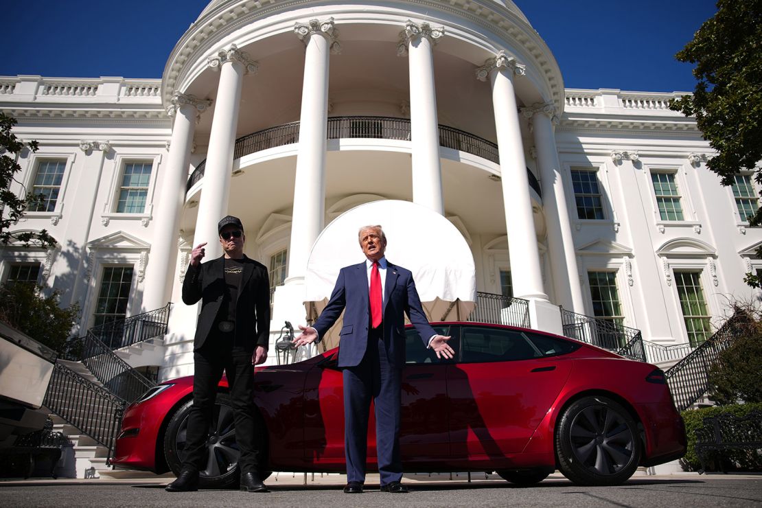 President Donald Trump and Elon Musk deliver remarks next to a Tesla Model S on the South Lawn of the White House on March 11, 2025.