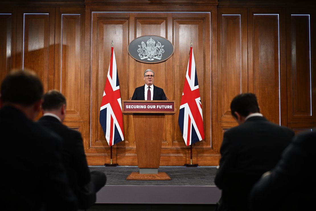 Starmer speaks at a press conference on Saturday.