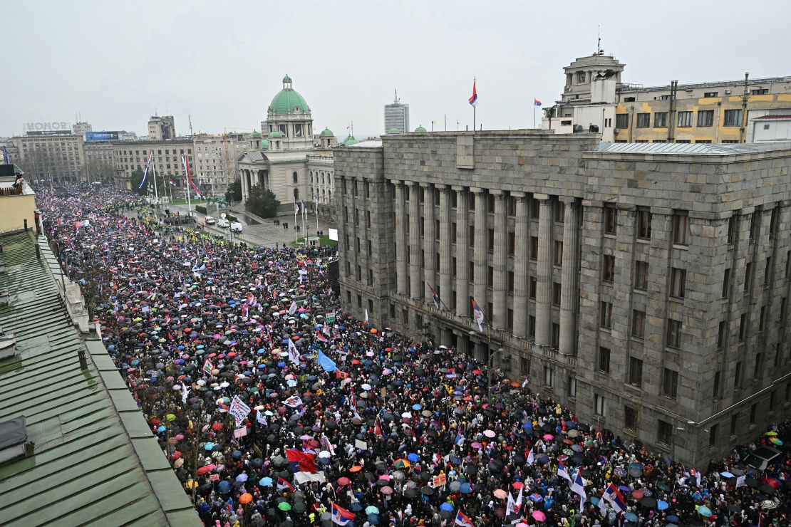 Protesters gather in the street leading to the National Assembly building during anti-corruption demonstrations in Belgrade on March 15, 2025.