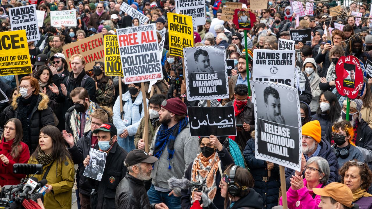 NEW YORK, NEW YORK - MARCH 12: Hundreds turn out outside of a New York court to protest the arrest and detention of Mahmoud Khalil, a green card holder and recent Columbia graduate who played a role in pro-Palestinian protests at the university on March 12, 2025 in New York City. A federal judge in New York will hear arguments for and against Khalil, a Palestinian and legal permanent resident of the United States. He was arrested by federal immigration agents in New York City on Saturday and was subsequently transferred to a facility in Jena, Louisiana, where he is being held. (Photo by Spencer Platt/Getty Images)