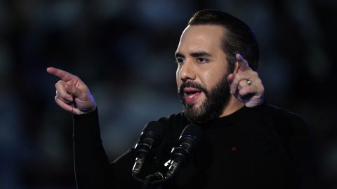 El Salvador's President Nayib Bukele gestures as he delivers a speech to high school students at the Adolfo Pineda National Gymnasium in San Salvador on March 15, 2025. (Photo by Marvin RECINOS / AFP) (Photo by MARVIN RECINOS/AFP via Getty Images)
