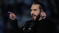 El Salvador's President Nayib Bukele gestures as he delivers a speech to high school students at the Adolfo Pineda National Gymnasium in San Salvador on March 15, 2025. (Photo by Marvin RECINOS / AFP) (Photo by MARVIN RECINOS/AFP via Getty Images)          
