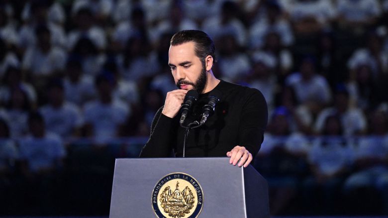 El Salvador's President Nayib Bukele delivers a speech to high school students at the Adolfo Pineda National Gymnasium in San Salvador on March 15.