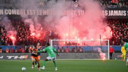 TOPSHOT - Montpellier's supporters light flares during the French L1 football match between Montpellier Herault SC and AS Saint-Etienne at Stade de la Mosson in Montpellier, southern France, on March 16, 2025. (Photo by Sylvain THOMAS / AFP) (Photo by SYLVAIN THOMAS/AFP via Getty Images)          