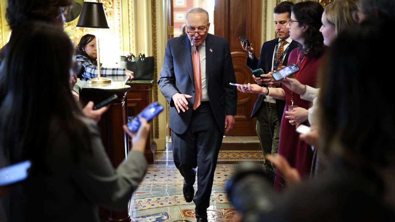 Senate Minority Leader Chuck Schumer leaves the Democratic caucus lunch at the US Capitol on March 13, 2025, in Washington, DC.
