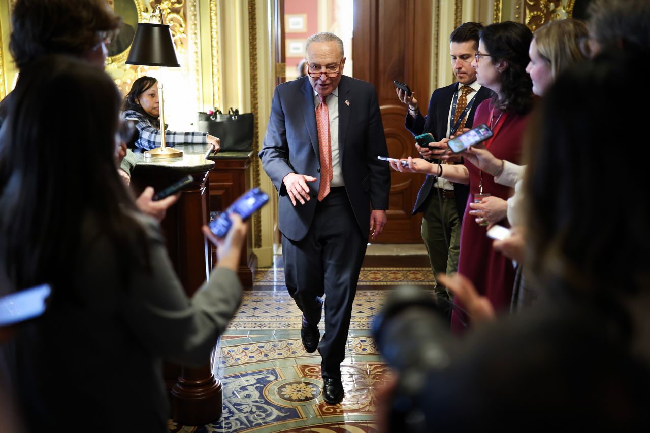 Senate Minority Leader Chuck Schumer leaves the Democratic caucus lunch at the Capitol on Thursday.