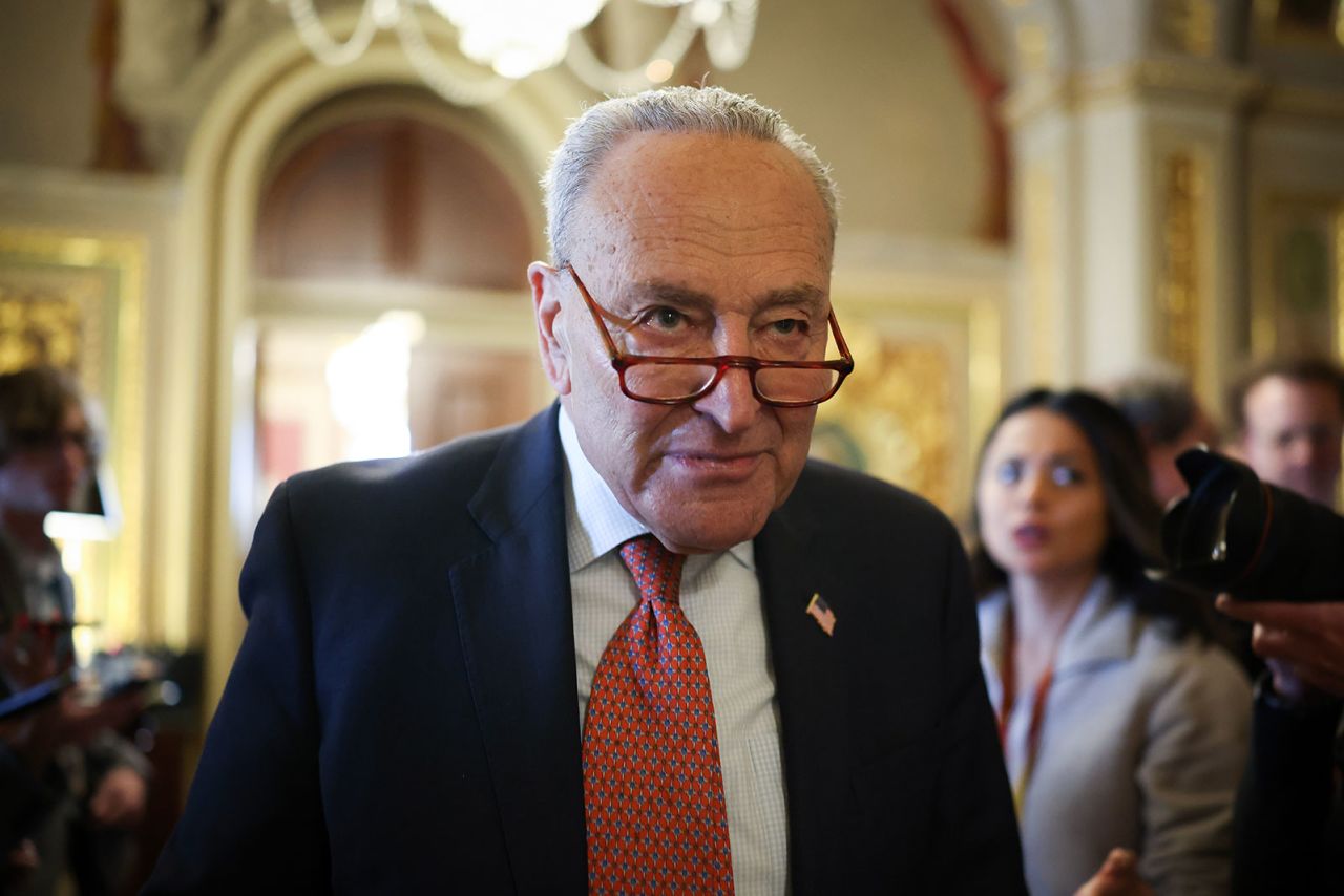 Senate Minority Leader Chuck Schumer leaves the Democratic caucus lunch at the Capitol on Thursday.