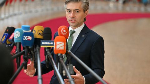 Lithuania's Foreign Minister Kestutis Budrys addresses media representatives as he arrives for an European Union Foreign Affairs Council Meeting at The Europa Building in Brussels on March 17, 2025. (Photo by NICOLAS TUCAT / AFP) (Photo by NICOLAS TUCAT/AFP via Getty Images)          