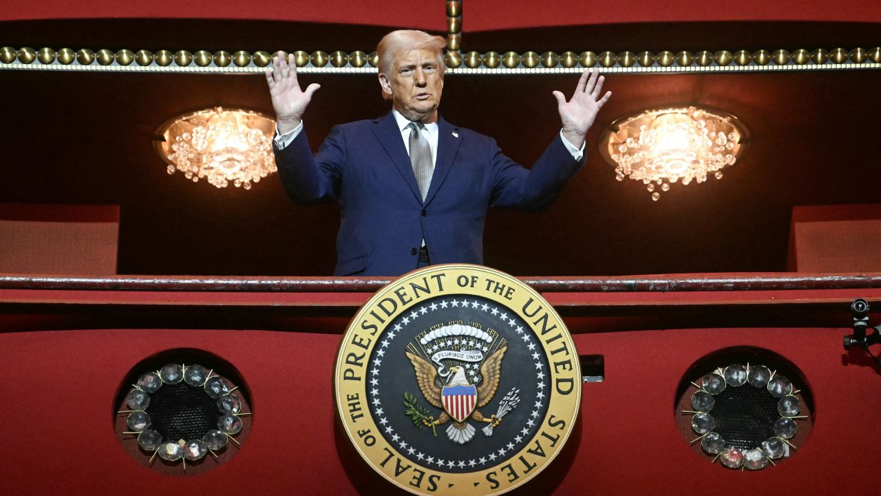 US President Donald Trump stands in the presidential box as he tours the John F. Kennedy Center for the Performing Arts in Washington, DC, on March 17, 2025. Trump was appointed chairman of the Kennedy Center on February 12, 2025, as a new board of trustees loyal to the US president brought his aggressive rightwing, anti-"woke" stamp to Washington's premier arts venue. (Photo by Jim WATSON / AFP) (Photo by JIM WATSON/AFP via Getty Images)