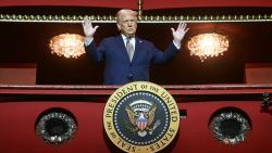 US President Donald Trump stands in the presidential box as he tours the John F. Kennedy Center for the Performing Arts in Washington, DC, on March 17, 2025. Trump was appointed chairman of the Kennedy Center on February 12, 2025, as a new board of trustees loyal to the US president brought his aggressive rightwing, anti-"woke" stamp to Washington's premier arts venue. (Photo by Jim WATSON / AFP) (Photo by JIM WATSON/AFP via Getty Images)          