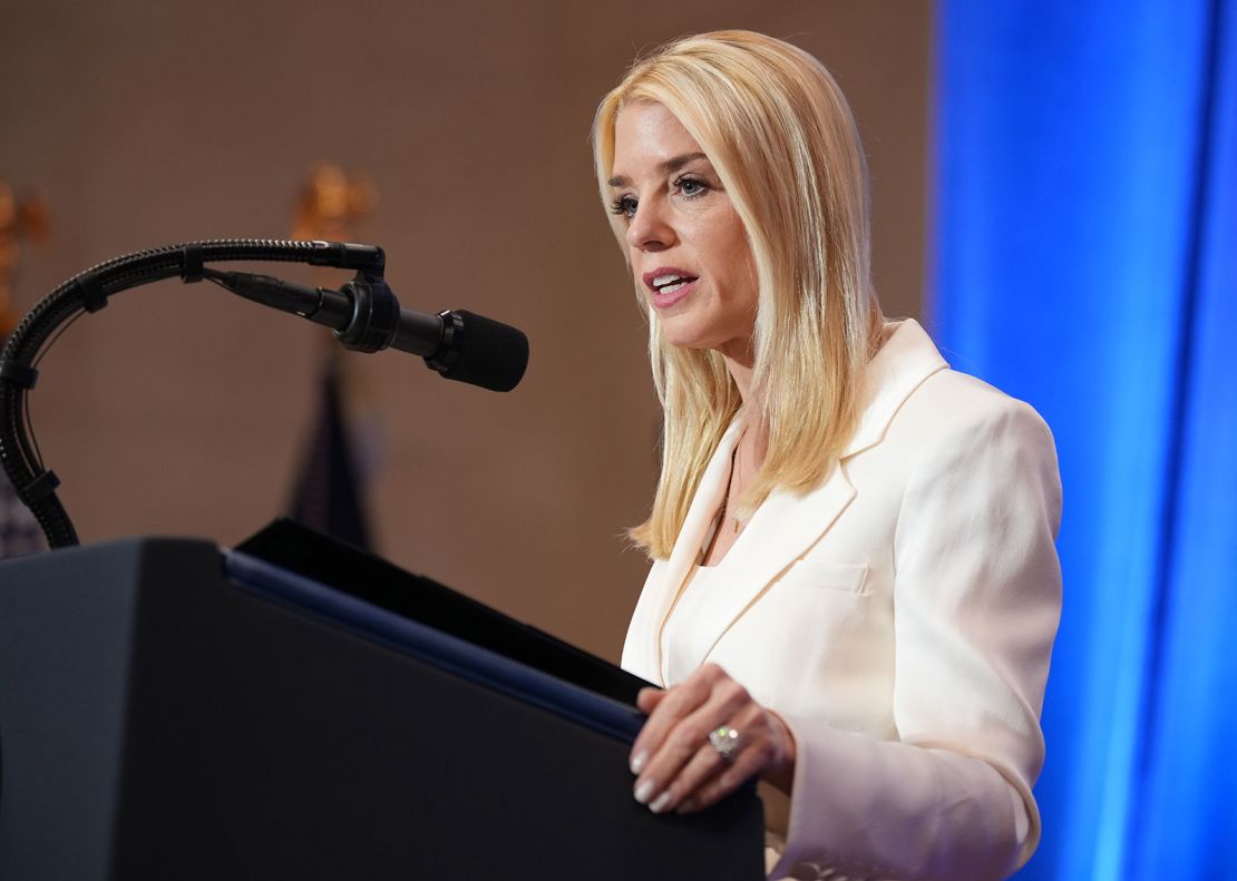 Attorney General Pam Bondi speaks at the Justice Department on March 14, 2025, in Washington, DC.