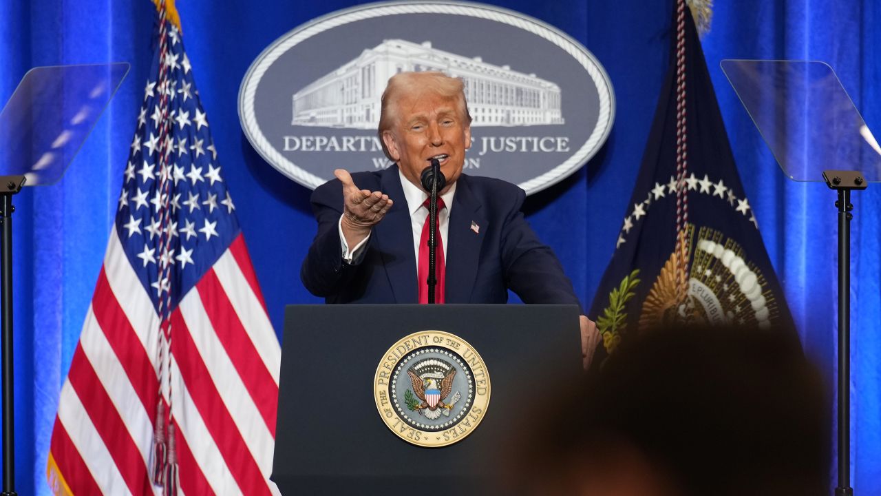 WASHINGTON, DC - MARCH 14: U.S. President Donald Trump gestures while speaking at the Justice Department March 14, 2025 in Washington, DC. As he has used the department to punish enemies, Trump is expected to deliver what the White House calls a law-and-order speech and outline steps he will take to counter “weaponization” of the department. (Photo by Andrew Harnik/Getty Images)