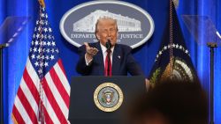 WASHINGTON, DC - MARCH 14: U.S. President Donald Trump gestures while speaking at the Justice Department March 14, 2025 in Washington, DC. As he has used the department to punish enemies, Trump is expected to deliver what the White House calls a law-and-order speech and outline steps he will take to counter “weaponization” of the department. (Photo by Andrew Harnik/Getty Images)