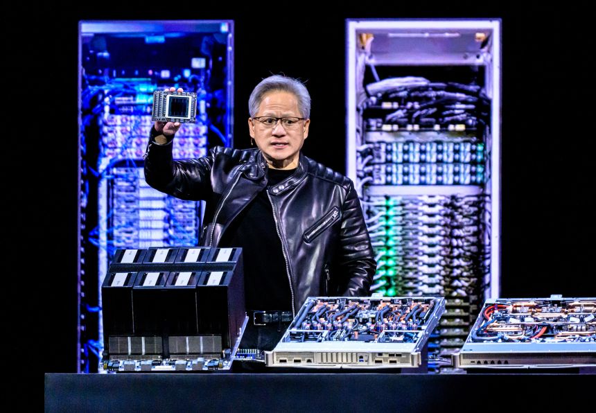 Nvidia CEO Jensen Huang delivers the keynote address at the GTC AI Conference in San Jose, California, on March 18, 2025.