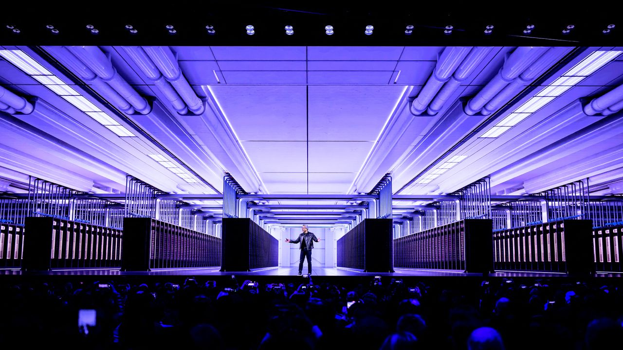 Nvidia CEO Jensen Huang delivers an address earlier this year.