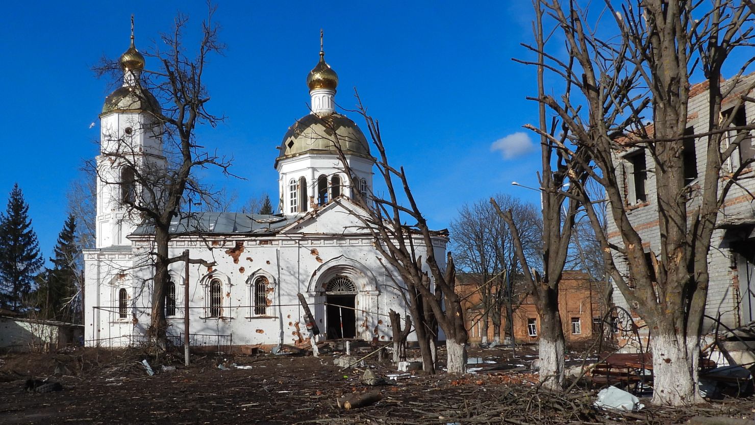 A view of destructions in the village of Kazachya Loknya, which was previously held by Ukrainian troops and recently retaken by Russia's armed forces, in the Sudzha district of the Kursk region on March 18, 2025.