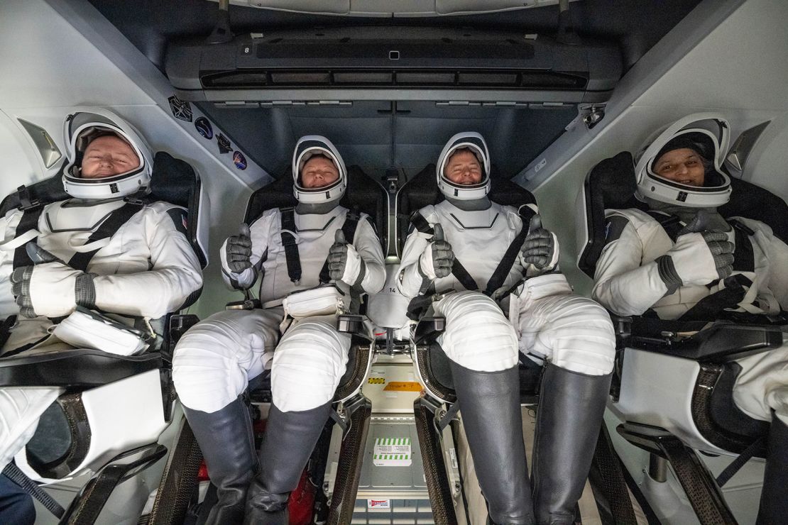 (From left) NASA’s Butch Wilmore, Roscosmos’ Aleksandr Gorbunov and NASA’s Nick Hague and Suni Williams are seen inside a SpaceX Crew Dragon spacecraft onboard the recovery ship Megan shortly after splashdown on Tuesday.