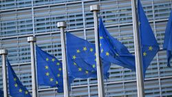 This photograph taken on March 19, 2025 shows European flags outside the EU headquarters in Brussels. (Photo by Nicolas TUCAT / AFP) (Photo by NICOLAS TUCAT/AFP via Getty Images)