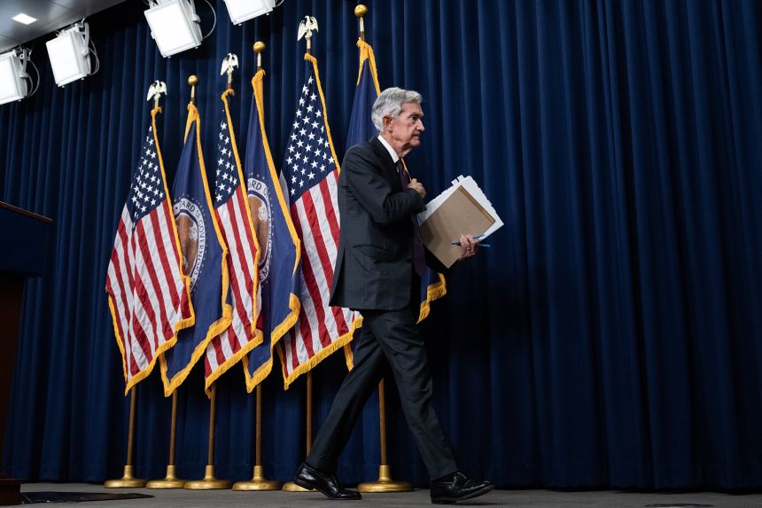 Federal Reserve Chairman Jerome Powell concludes a news conference in March.