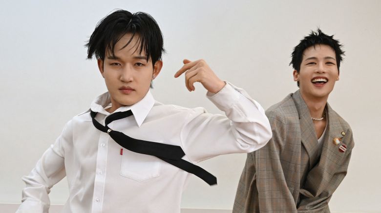 This picture taken on March 6, 2025 shows K-pop group 1Verse members Seok (L) and Hyuk (R) performing during an interview with AFP at a studio in Seoul. 1Verse is a new five-member K-pop band: Chinese-American Kenny, Aito from Japan, Lao-Thai American Nathan, and Seok and Hyuk from North Korea who defected to the South. (Photo by Jung Yeon-je / AFP) / TO GO WITH AFP STORY SKorea-NKorea-defector-kpop, FOCUS  BY Hieun SHIN (Photo by JUNG YEON-JE/AFP via Getty Images)          