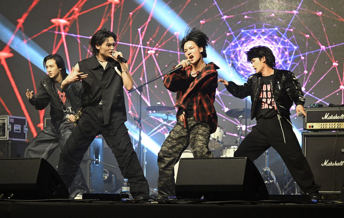 1Verse members, from left, Kenny, Aito, Hyuk and Seok perform during a music festival in Suwon, South Korea, on November 25.