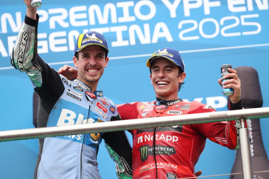 Álex Márquez of Gresini Ducati and Marc Márquez of Spain of Lenovo Ducati celebrate after the MotoGP Of Argentina at Autodromo Termas de Rio Hondo on March 16.
