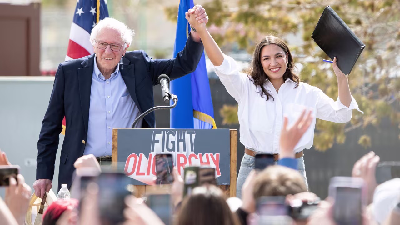 Sen. Bernie Sanders and Rep. Alexandria Ocasio-Cortez in North Las Vegas in March.